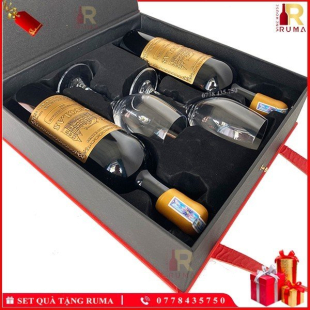 Set quà tặng hộp da 2 chai rượu vang Pháp Nicolas kèm ly vang