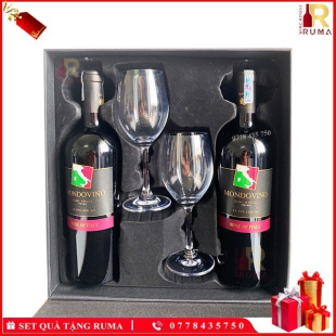 Set quà tặng hộp da 2 chai rượu vang Ý Mondovino Semi kèm ly vang