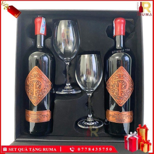 Set quà tặng hộp da 2 chai rượu vang Ý Pessotto kèm ly vang