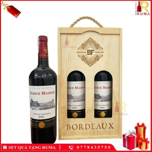 Set quà tặng hộp gỗ 2 chai rượu vang Pháp France Maison